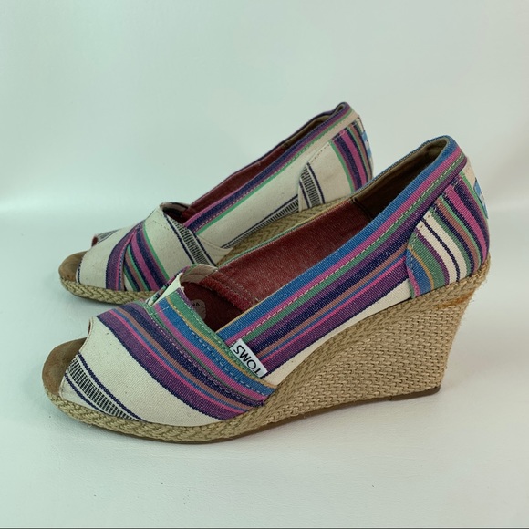 TOMS Canvas Striped Peed Toe Espadrille Wedge 8 - Picture 3 of 8